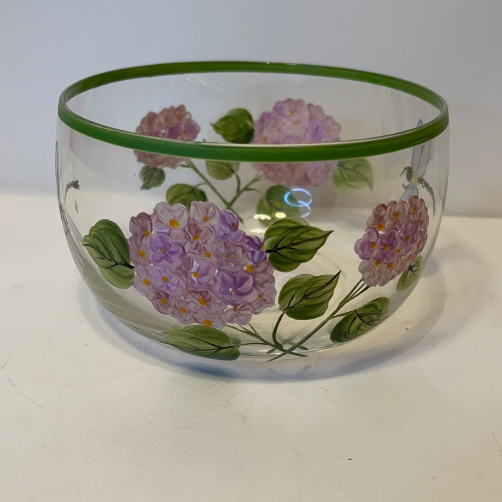 Hand painted glass bowl hydrangea & dragonfly
